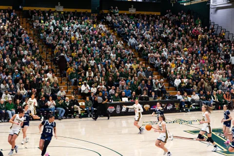 A packed UVM basketball crowd watches a game from the stands.
